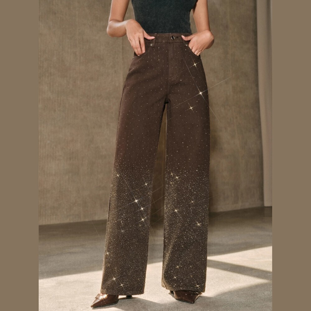 Brown Denim Rhinestone Ombre High Waist Wide Leg Jeans